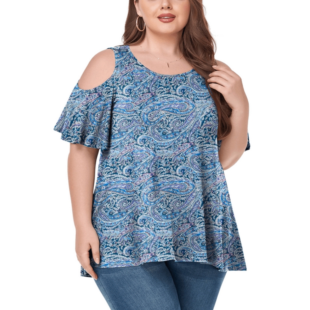 JuneFish Women's NWT Blue Paisley Cold Shoulder High-Low Tunic Blouse 1X (14-16)
